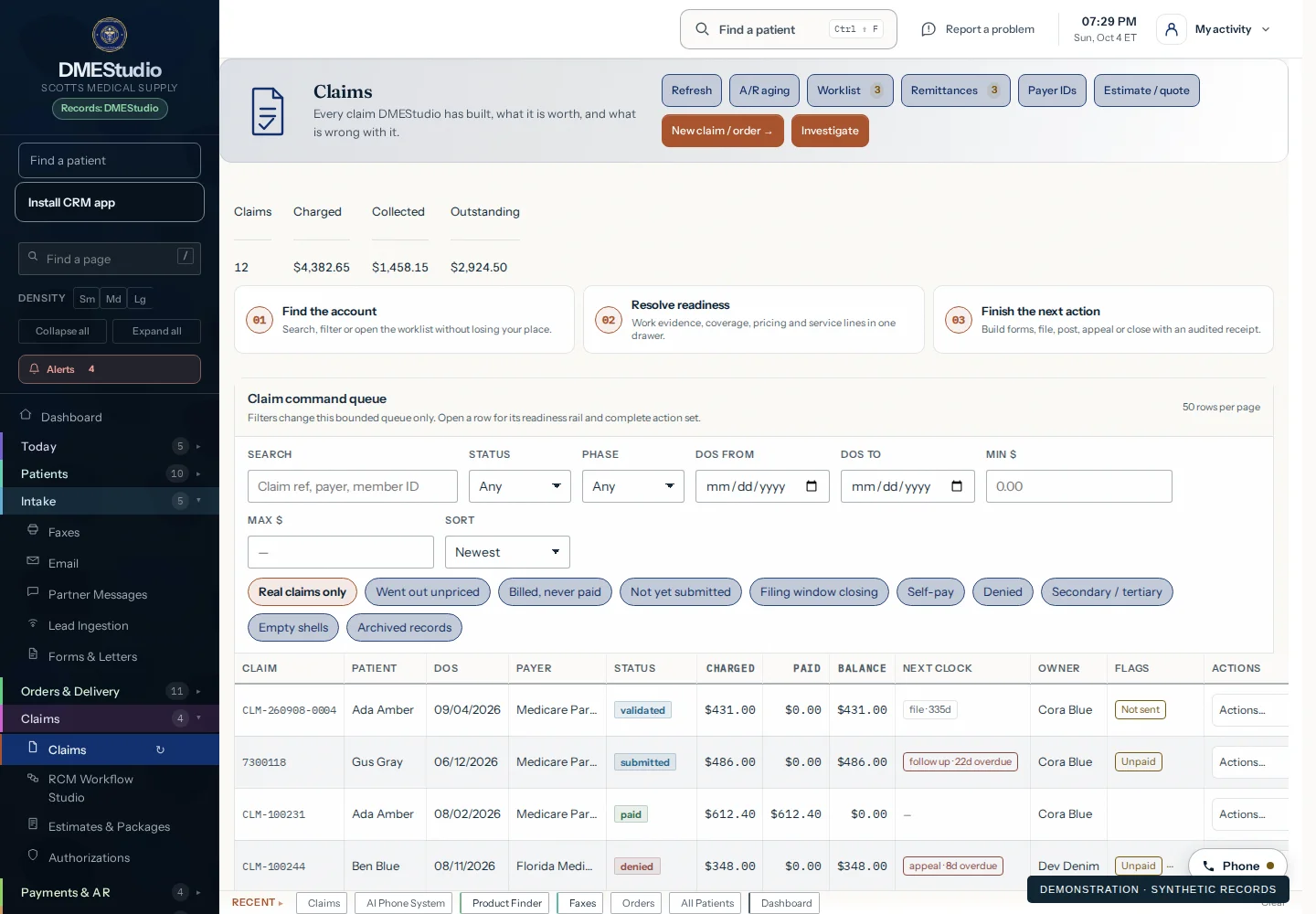 Claims & revenue-cycle controls — DMEStudios interface with synthetic demonstration records