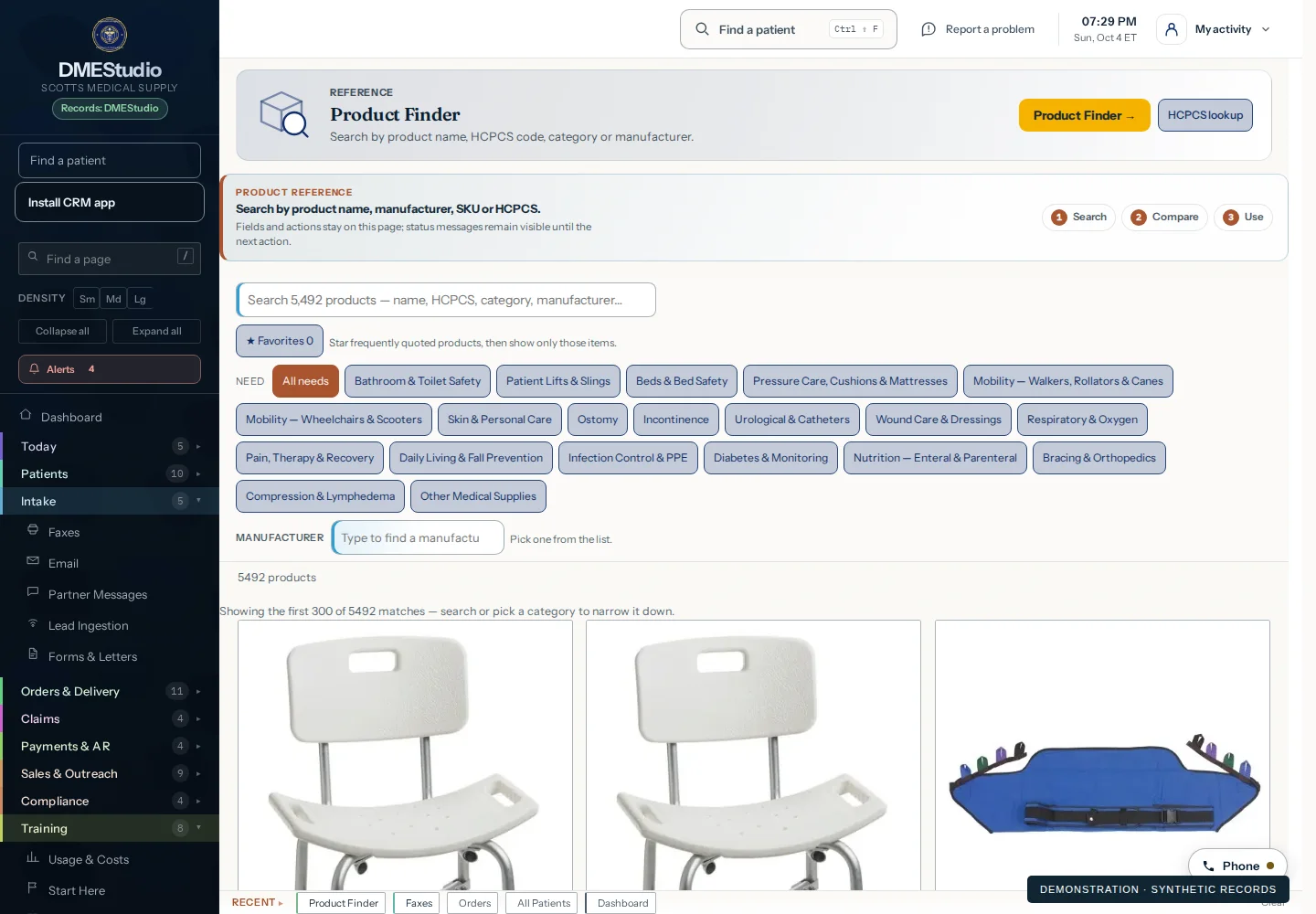 Product Finder — DMEStudios interface with synthetic demonstration records