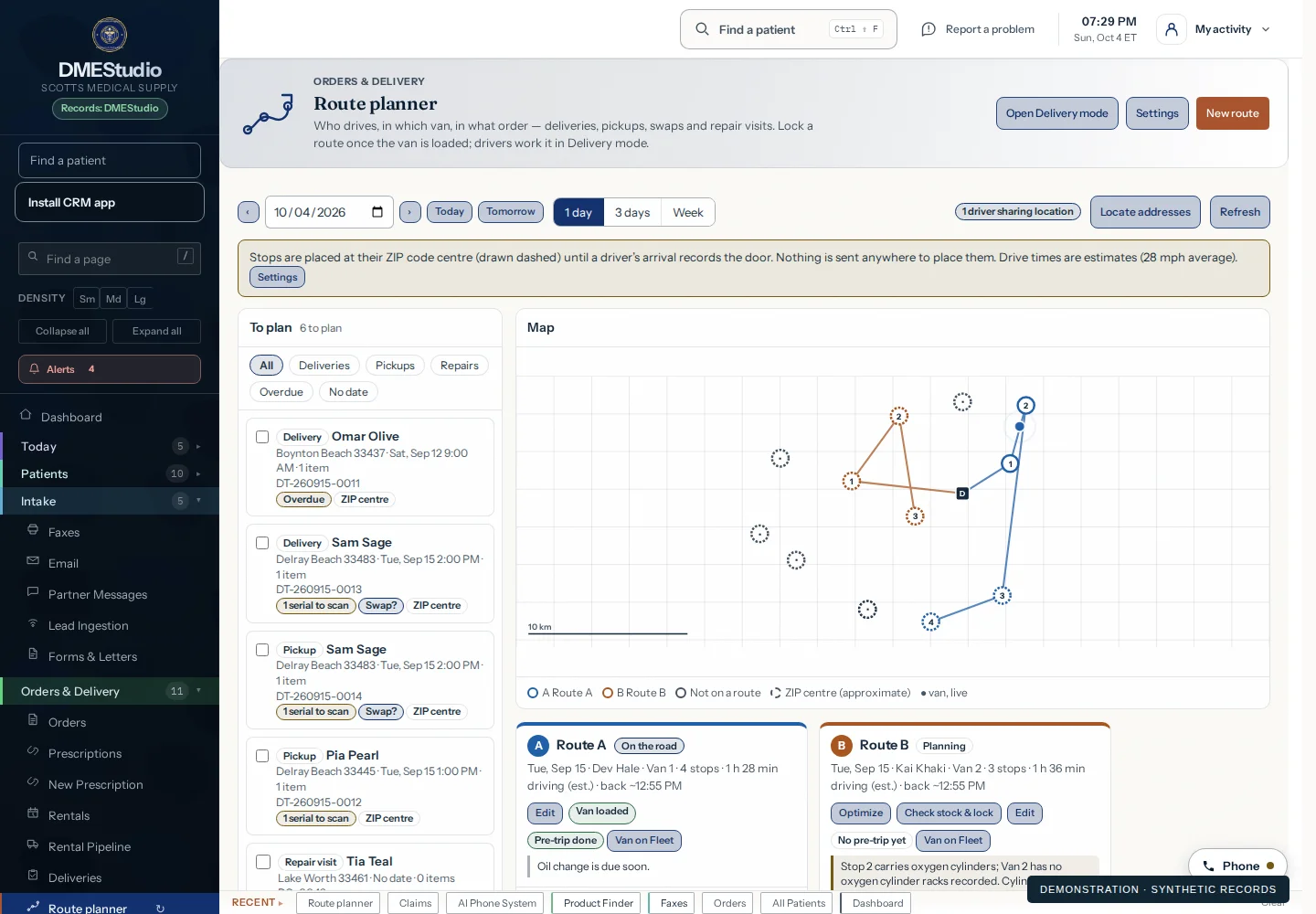 Route planning & Delivery mode — DMEStudios interface with synthetic demonstration records