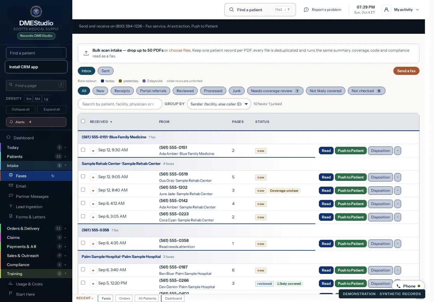 Fax intake & document review — DMEStudios interface with synthetic demonstration records