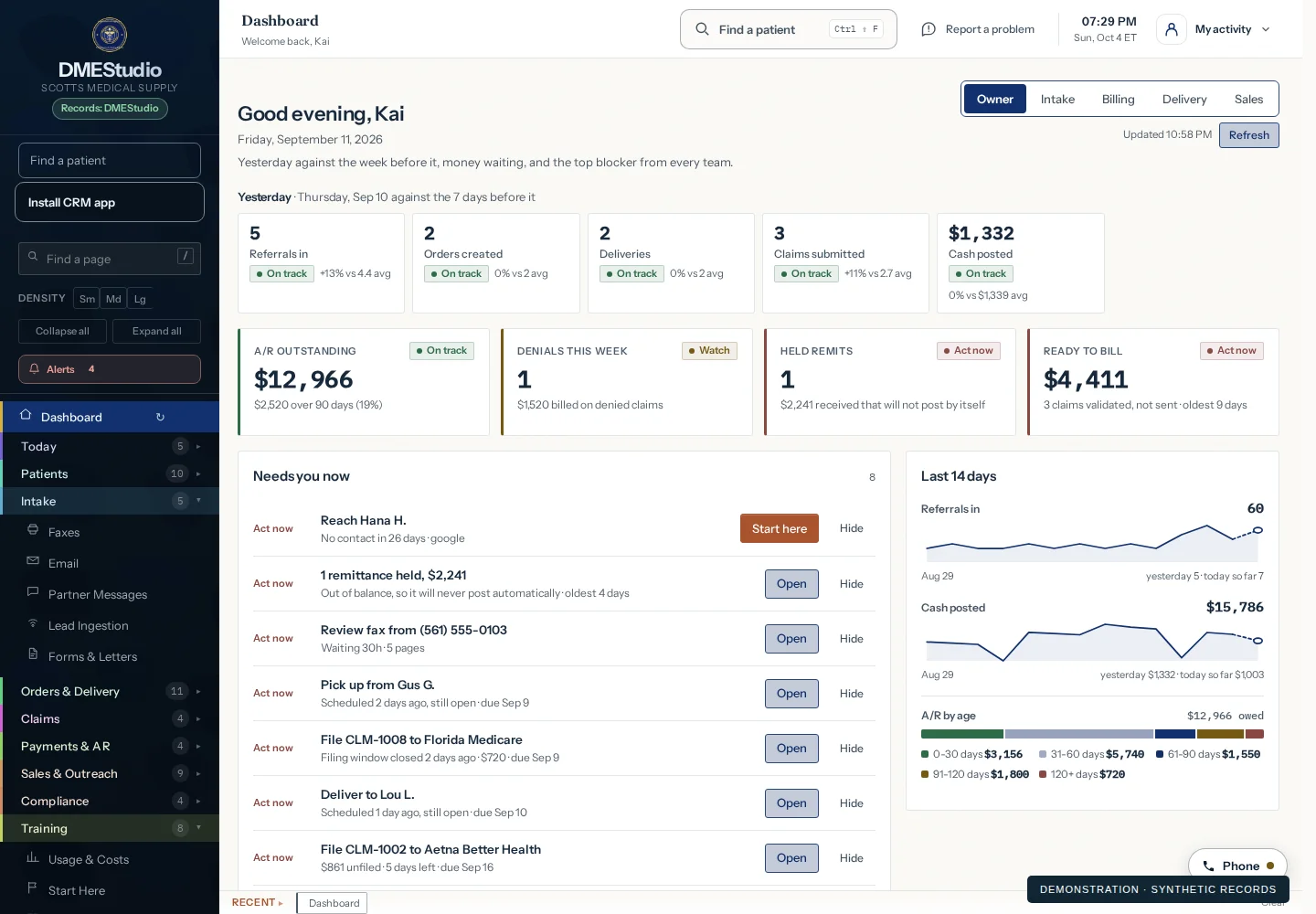 Operating overview — DMEStudios interface with synthetic demonstration records