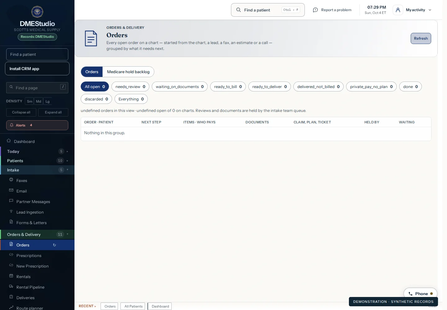 Orders & readiness — DMEStudios interface with synthetic demonstration records