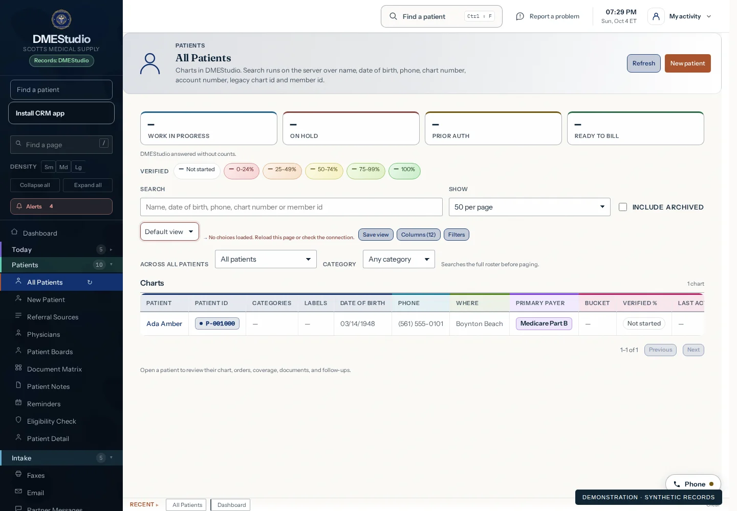 Patient workspace — DMEStudios interface with synthetic demonstration records