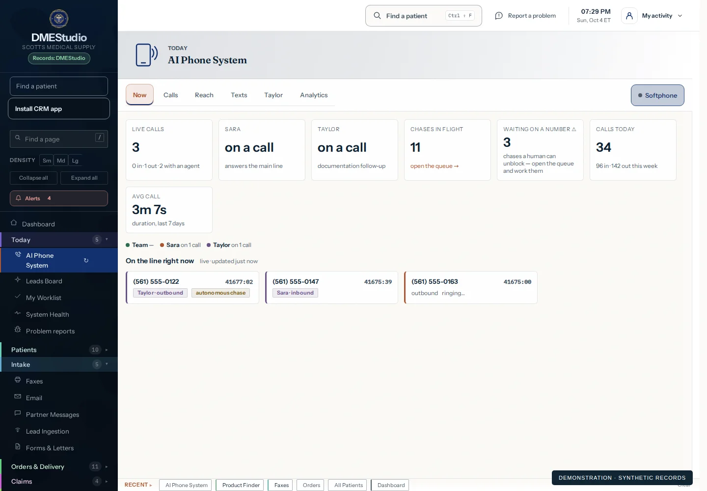 Phone workspace — DMEStudios interface with synthetic demonstration records